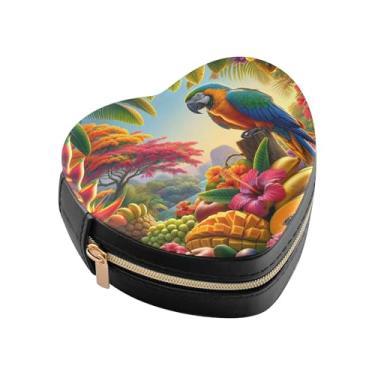 Imagem de Burbuja Caixa de joias em formato de coração de papagaio de frutas tropicais, mini estojo de joias de viagem para mulheres e meninas, organizador portátil de armazenamento para brincos, anéis, colares