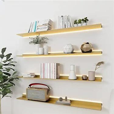 Imagem de Prateleiras de parede flutuantes, prateleiras flutuantes de liga de alumínio dourada montadas na parede com luz quente LED para prateleira de plantas e estante de livros (cor: ouro, tamanho: 120 cm)