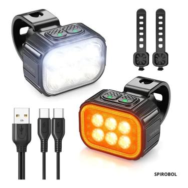 Imagem de Kit Farol E Lanterna Bike 6 Leds Recarregável Usb Potente Co