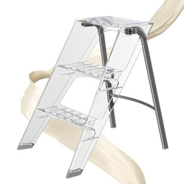 Imagem de Escada de acrílico, banqueta dobrável de acrílico transparente de 3 degraus para adultos, banqueta de acrílico antiderrapante para armário, escada de lucite dobrável para biblioteca, exibição de