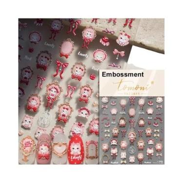 Imagem de Adesivos De Unha 5D Retrô Preto E Branco Com Laço De Renda E Urso Fofo