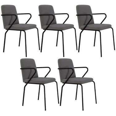 Imagem de Kit 05 Cadeiras Estofada Para Sala De Jantar Com Braço Loft Preto C01 Linho Fendi Cinza - Lyam Decor