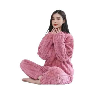 Imagem de Conjunto De Pijama Feminino De Veludo Quente Com Blusa Solta De Fleece