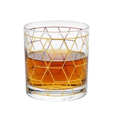 Imagem de Copo De Whisky Vidro Baixo Para Drink Whiskey Uisque Detalhe Dourado Cube 320ml Wolff