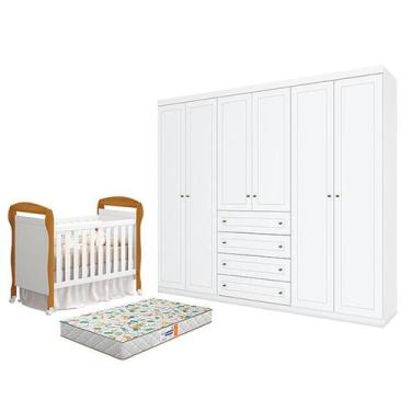 Imagem de Berço Americano Danny Branco Acetinado Savana Reller e Guarda Roupa Ca