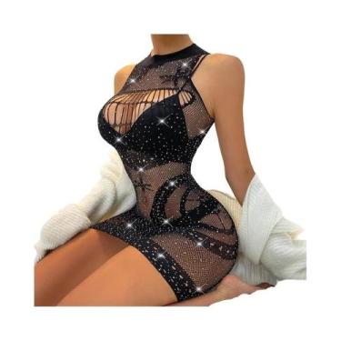 Imagem de Body Sexy Feminino Em Rede Com Strass, Transparente E Brilhante, Linge
