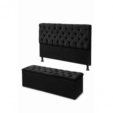 Imagem de Kit Cabeceira De Cama Box Com Calçadeira Baú Mirage Capitonê Casal 140 Cm Suede Preto Eli Móveis E Decoração