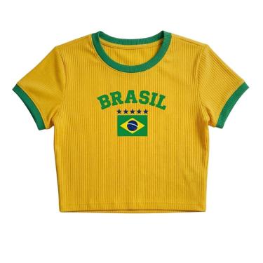 Imagem de Camiseta Feminina Brasil Estampada Ribana Bandeira Cropped Copa-Feminino