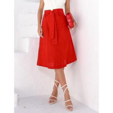 Imagem de Saia Midi de Linho com Modelagem Evasê e Bolsos Estilosos - Lumia, Ver