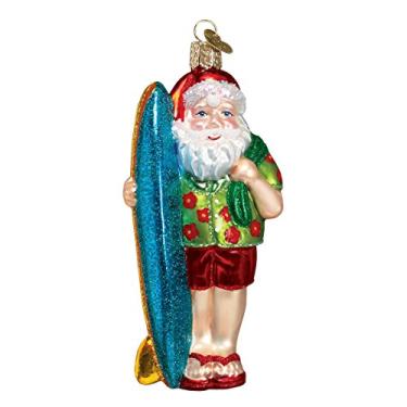 Imagem de Old World Christmas Presentes de praia, ornamentos de vidro soprados para árvore de Natal, Papai Noel surfista