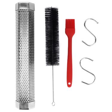 Imagem de plplaaobo Tubo de fumaça, tubo defumador de 30,5 cm, tubo de defumador de grânulos de aço inoxidável caixa defumada ferramentas de churrasco de madeira de frutas com gancho de escova