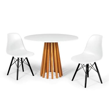 Imagem de Conjunto Mesa de Jantar Redonda Talia Amadeirada Branca 100cm com 2 Cadeiras Eames Eiffel Base Preta - Branco