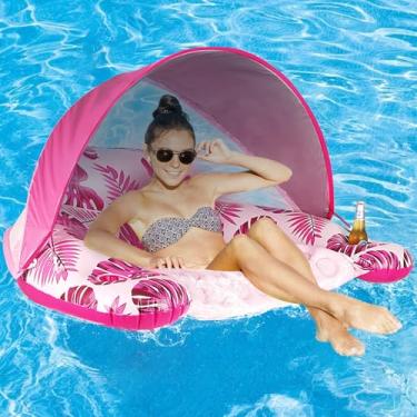 Imagem de Boia de piscina COOLCOOLDEE com cobertura, porta-copos - Boia de espreguiçadeira para cadeira de piscina XL com capa de proteção solar ajustável, porta-copos, apoio de cabeça ergonômico, boia de