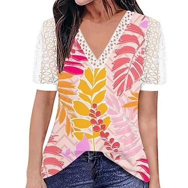 Imagem de Blusas femininas de malha de renda, plus size, manga curta, blusas fofas de algodão para o verão, rosa, P