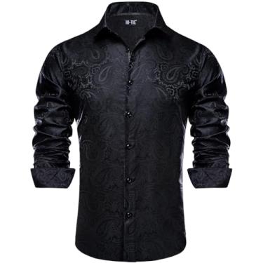 Imagem de Hi-Tie Camisa social masculina preta de seda com botões paisley, manga comprida, modelagem regular, jacquard para festa de casamento, grande, Paisley preto, G