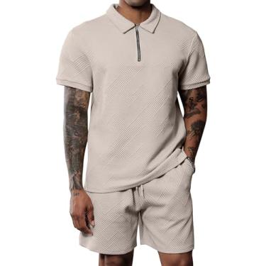 Imagem de Uni Clau Conjunto masculino de camisa polo e shorts, moda verão, casual, manga curta, conjunto de 2 peças, Caqui, M