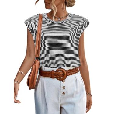 Imagem de SOFIA'S CHOICE Camiseta regata feminina casual com ombro solto, gola redonda, sem mangas, Tiras pretas e brancas, M