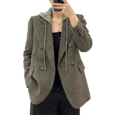 Imagem de Mina Self Blazer com capuz trespassado jaqueta feminina casual manga longa moda negócios casaco com bolsos.., Xadrez verde, XXG