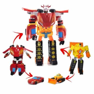 Imagem de Brinquedo Carrinho Transformers 5 em 1, Vira Robô Gigante de 29cm, Carro Esportivo, Trator de Esteira Bulldozer, Robôs Combatentes