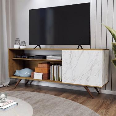 Imagem de Rack para TV Até 42 Polegadas Seleto 1 Porta Amêndoa/Mármore Branco - Panorama Móveis