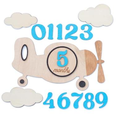 Imagem de Cartões de marco mensal para bebês – Discos de marcos mensais de madeira – Adereços para fotografia de recém-nascido para documentar o crescimento do seu bebê – Placa de anúncio de bebê (avião)