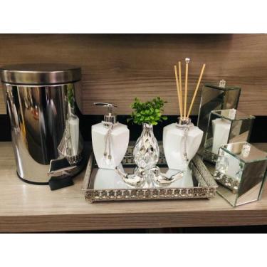 Imagem de Kit Lavabo Luxo Prata Branco Difusor Sabonete Lixeira Porta Escova Den