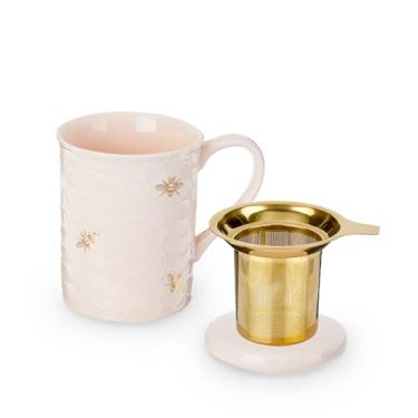 Imagem de Pinky Up Caneca e infusor de chá de cerâmica rosa em forma de colmeia Annette, acessórios de chá de folhas soltas, copo de chá de viagem, capacidade de 355 ml