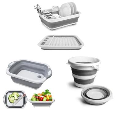 Imagem de E18K Kit Escorredor de Louças retratil, Tabua Bacia 3 em 1 Retratil Silicone e Balde 3 litros dobravel retratil ideal para cozinha e lavanderia o kit completo pra sua casa clean