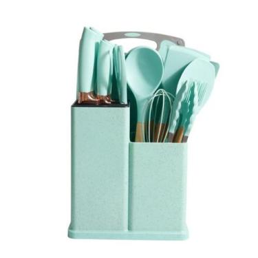 Imagem de Kit Completo Jogo Utensílios de Cozinha Luxo 19 Peças Com Tábua em Sil