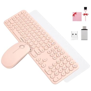 Imagem de Mobifice Lindo teclado e mouse sem fio para computador, laptop, Windows, Mac, tablets, Apple iPad, ultrafino, 2,4 GHz, USB, sem fio, silencioso, retrô, de tamanho completo (rosa)