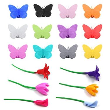 Imagem de Modixun 18 peças de marcadores florais e borboletas de silicone para copo de vinho, marcadores para copos de vinho com ventosa, identificadores de etiquetas de pingentes de copo, estilo A