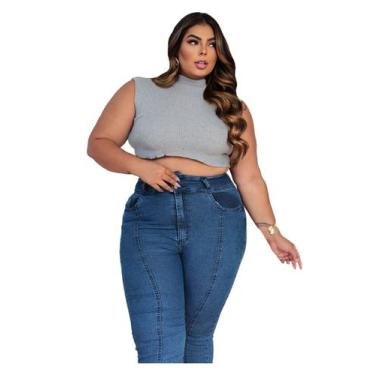 Imagem de Blusa Feminina Cropped Plus Size Gola Alta Garrafinha Tricot - EUC STO