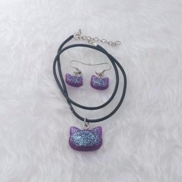 Imagem de Conjunto Colar E Brinco Gatinho  Roxo Com Glitter Feito Em Resina - RE