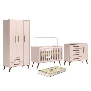 Imagem de Quarto de Bebê Roupeiro Berço Comodâ e Colchão Q Encanto Retrô Rosa Qm