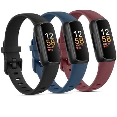 Imagem de Pacote com 3 pulseiras de silicone compatíveis com Fitbit Inspire 3 para mulheres e homens, pulseiras esportivas de substituição ajustáveis para Fitbit Inspire 3 Fitness Tracker (preta/azul