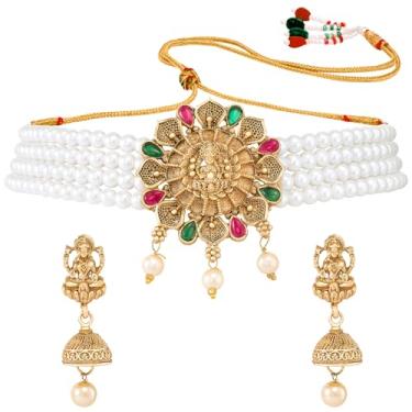 Imagem de Aheli Colar gargantilha tradicional banhado a ouro e brincos Jhumki Conjunto de joias de templo presente para mulheres, Onesize, Metal, Sem Pedra Preciosa