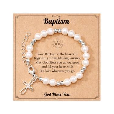 Imagem de Tarsus Pulseira de cruz de pérola para meninas – Primeira comunhão, batismo, Páscoa, presentes para filha, neta, afilhado, average, Aço inoxidável, Sem pedras preciosas