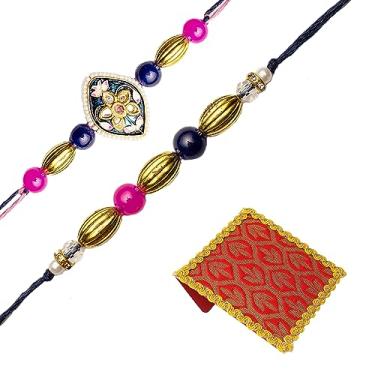 Imagem de Conjunto de 2 Rakhi para irmão Rakhi Fio Rakhi para Bhai Bhabhi Bhaiya Bhatiji veera Raksha Bandhan Rakhi Conjunto Dora Pulseira Kalwa com embalagem de presente em bolsa vermelha Irmão Irmã Festival Tradicional Indiano