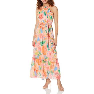 Imagem de Maggy London Maxi feminino plus size frente única de chiffon com detalhes de babados, Azul-celeste/pêssego, 15 Plus Size