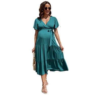 Imagem de FUNJULY Vestido feminino para gestantes, gola V, manga bufante, plissado, para chá de bebê ou uso casual, Verde escuro, M