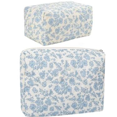 Imagem de FITINI 2 peças bolsa de maquiagem grandes bolsas de cosméticos bolsa de higiene pessoal portátil organizador bonito pequeno pincel bolsa de armazenamento com zíper para mulheres, acolchoado flor azul