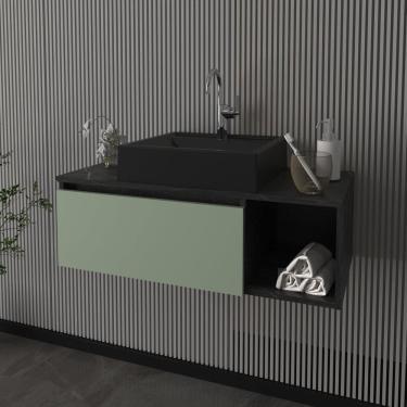 Imagem de Gabinete Suspenso para Banheiro 80cm 1 Porta Basculante 1 Nicho Mármore Lunar/Verde Mar