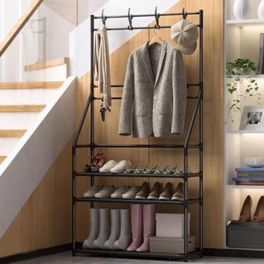 Imagem de Cabideiro para sapato, suporte 3 em 1, suporte de árvore, suporte para casacos, móveis industriais, banco de armazenamento de árvores, com moldura de metal para corredor de entrada, organizador de