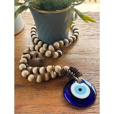 Imagem de Colar Decorativo com contas de madeira e pingente olho grego Decoraçāo de sala