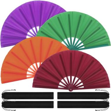 Imagem de Blulu 4 peças de leques grandes chineses dobráveis linha dança poping fãs seda mão clack japonês Kung Fu Tai Chi portátil para homens mulheres festival festa de casamento (cor retrô)