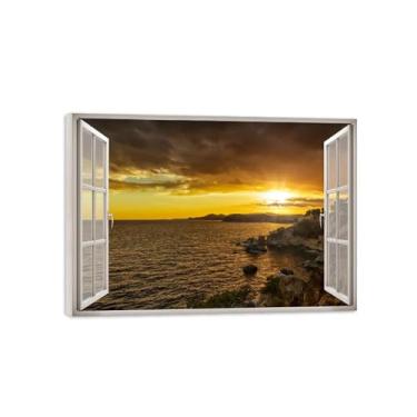 Imagem de Imagem de parede de paisagem com vista de janela - Nuvens Mar Praia - Pintura da natureza em tela - Impressões em tela modernas prontas para pendurar tela emoldurada 50x70cm20x27in