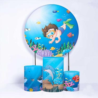 Imagem de Kit Painel de Festa Redondo de 1,30m e Trio de Cilindros Fundo do Mar - Fera Print