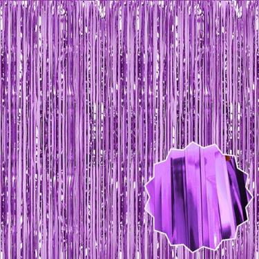 Imagem de Pacote com 6 cortinas de fundo de franja de alumínio roxo claro de 8 x 1,6 m, decorações de festa, cortinas metálicas para cabine de fotos, Halloween, Natal, aniversário, celebração, evento e