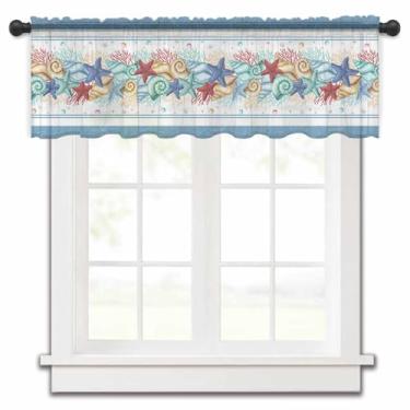 Imagem de Cortina transparente costeira amarela verde-azulado para janelas de cozinha, concha coral oceânica, vida marinha, tratamentos de janela de chiffon, bolso de haste, saia curta para sala de estar