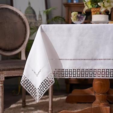 Imagem de ARTABLE Toalhas de mesa de renda com borda de macramê requintada bordada cozinha festiva toalha de mesa de tecido (off-white-1,55 x 94 polegadas)